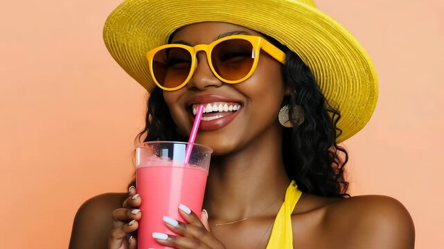A delighted and happy young woman is relishing a vibrant pink drink, while she is adorned stylishly in colorful shades and a bright yellow hat, embodying the true essence of joyful summer relaxation
