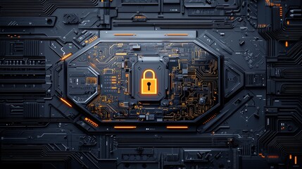 Fototapeta premium A digital circuit board with a prominent orange padlock icon, symbolizing cybersecurity and protection in a high-tech environment.