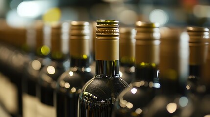 A row of wine bottles in focus, soft background blur; elegance and craftsmanship in every detail.
