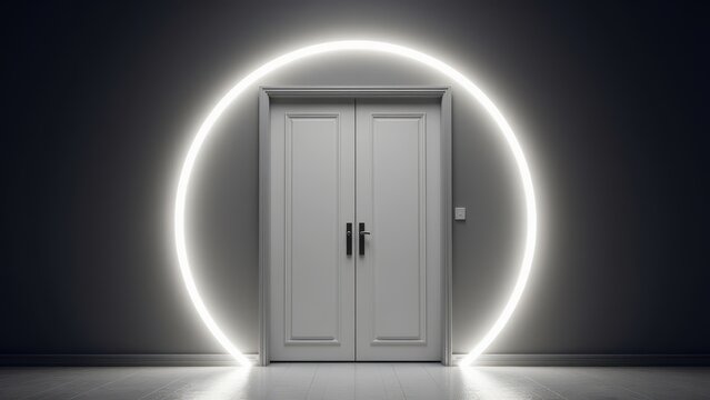 A white double door with a glowing circular light surrounding it, creating a modern and futuristic look.