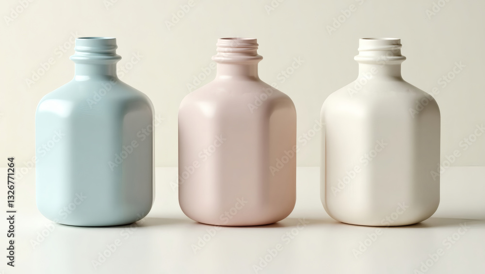 Poster three colorful bottles arranged in a row, offering a sense of simplicity and minimalism, showcasing a balance of colors and forms