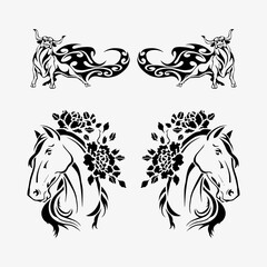 Horse, bull. Black and white ornament, engraving on a knife, tattoo, animals, gothic, vector