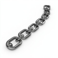 Obraz premium Close up view of a metallic chain, rendered in 3D, against a white background. The chain links are rectangular and interconnected, creating a continuous, flowing line.