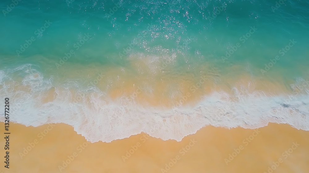 Poster aerial view of a beach with turquoise water and gentle waves lapping on the golden sand.