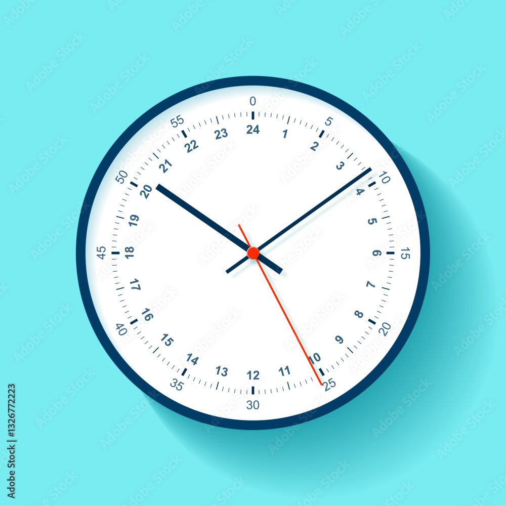 Poster clock icon in flat style, round timer on blue background. twenty-four hour watch. simple business ob