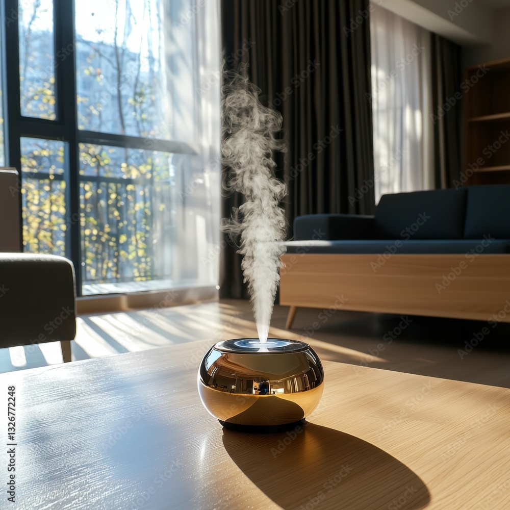 Poster relaxing aromatic mist from diffuser in bright sunny room lifestyle content low angle view inviting 