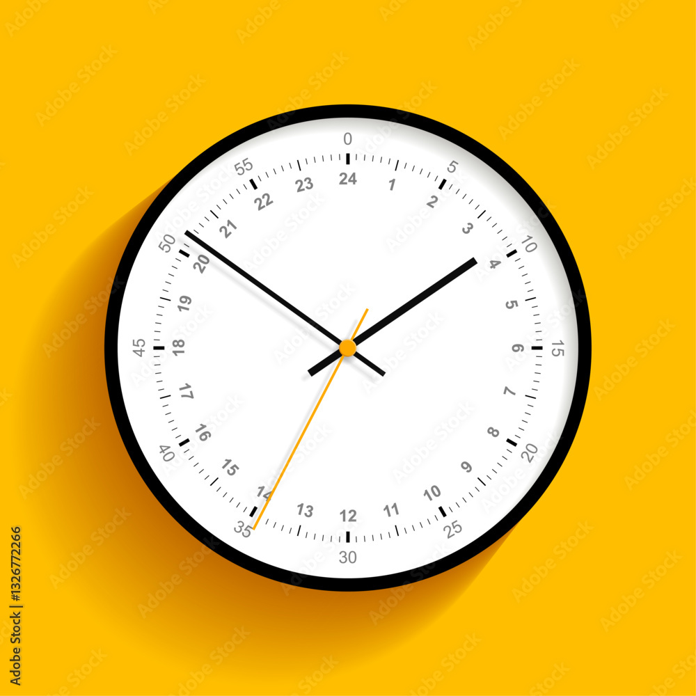Poster clock icon in flat style, round black timer on yellow background. twenty-four hour watch. simple bus
