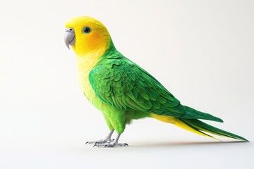 A colorful parrot with a vibrant yellow head and green body stands against a plain background, showcasing its striking plumage.
