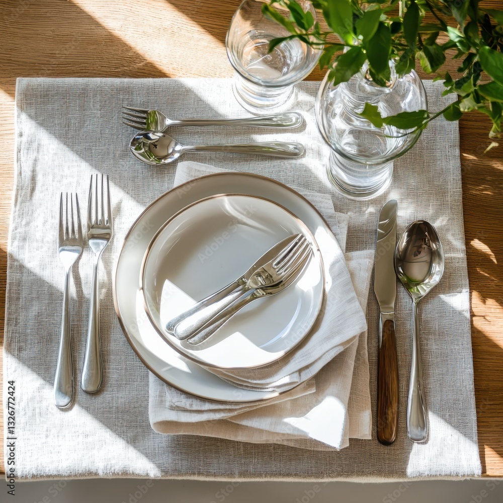 Poster vintage linen tableware set in rustic setting close-up photography soft afternoon light nostalgic at