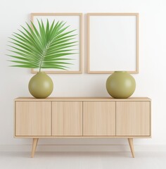 Light wooden sideboard with two olive green vases and a palm frond in a minimal interior setting. Clean lines and simple design create a calm atmosphere.