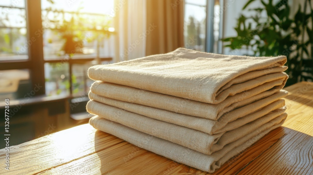 Poster elegant high-quality linen napkins stacked neatly on a rustic table in bright afternoon light side a