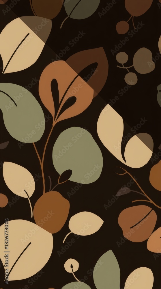 Poster a pattern of stylized leaves with a combination of soft brown, green, and cream tones on dark backdr