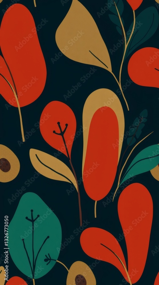 Poster colorful foliage pattern with various leaves and organic shapes. it would be suitable for textile or