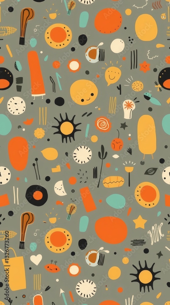 Aufkleber an abstract artwork featuring various cute shape patterns of suns, circles and other objects on a gray background