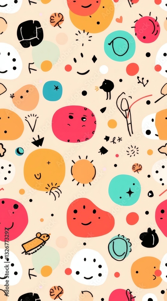 Poster Colorful abstract pattern with smiling faces, various shapes, and playful design. The pattern features a delightful mix of shapes, colors, and expressions.