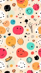 Colorful abstract pattern with smiling faces, various shapes, and playful design. The pattern features a delightful mix of shapes, colors, and expressions.