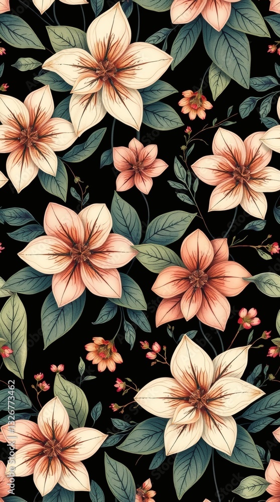 Poster a seamless pattern of colorful flowers with green leaves, creating an elegant and vibrant design