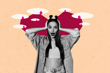 Contemporary art collage of shocked girl hold head eyeball stare control spyware supervision...