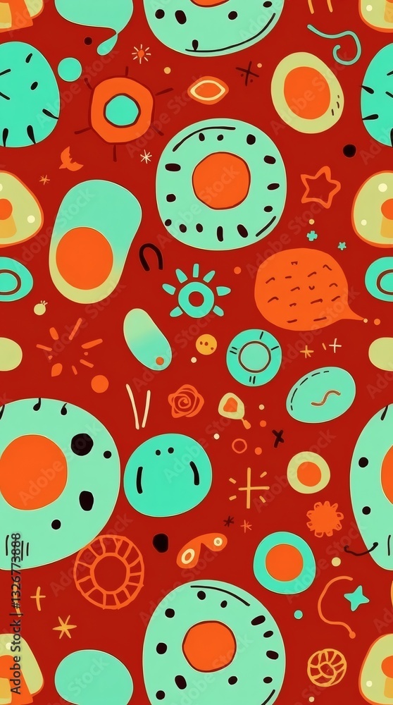 Poster colorful pattern with various shapes and textures against red backdrop