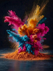 Colorful powder explosion on a dark backdrop.