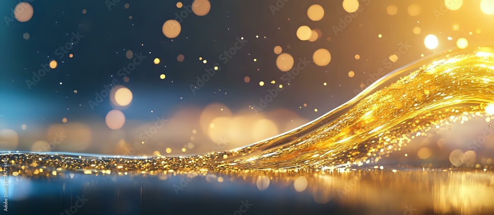 Poster magical golden wave with glowing particles and bokeh lights flowing over reflective surface against 