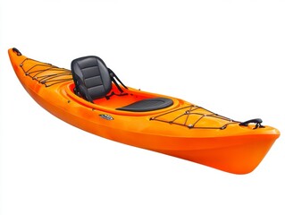 Orange recreational kayak isolated on white background, featuring a black padded seat and storage areas.