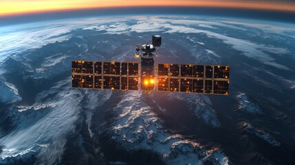 A satellite orbits Earth at dusk, utilizing solar panels for power. It is engaged in transmitting telemetry and GPS signals, aiding global positioning systems.