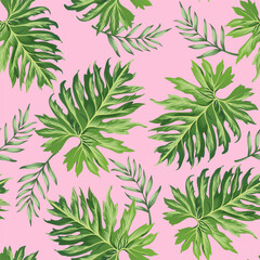 Summer tropic background. Seamless vector tropical illustration with palm leaves. Jungle print.