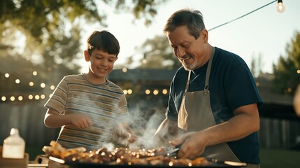 Father and son enjoy grilling carne asada together in a backyard setting on a sunny day