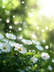 White cosmos flowers blooming in garden with soft bokeh lights and dreamy green nature background, morning sunshine creating magical atmosphere.