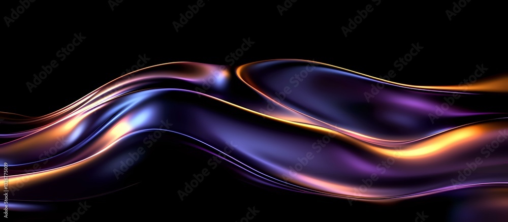 Poster luminous flowing waves in purple, blue and orange create dynamic abstract background with smooth glo