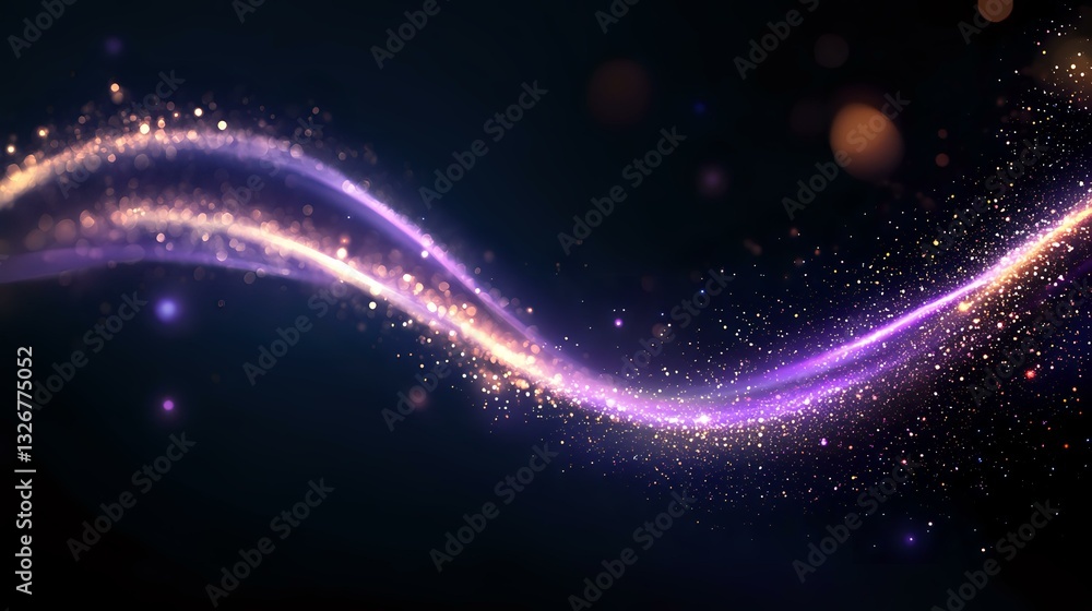 Poster magical glowing wave with sparkling particles and light trail effect in dark space, purple and pink 