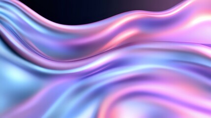 Smooth flowing abstract waves in holographic pink, purple and blue colors create dynamic motion effect on dark background. Modern design element.