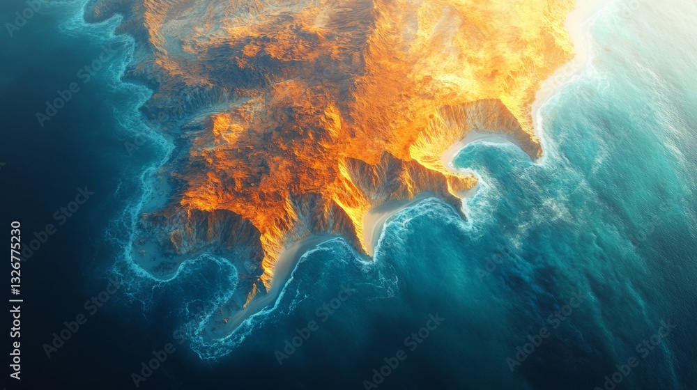 Poster advanced satellite technology captures a coastal area illuminated by sunlight, showcasing landforms 