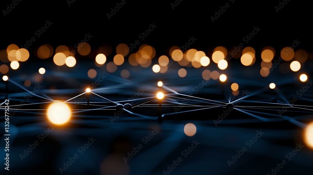 Poster glowing network connections with warm bokeh lights on dark background create futuristic technology c
