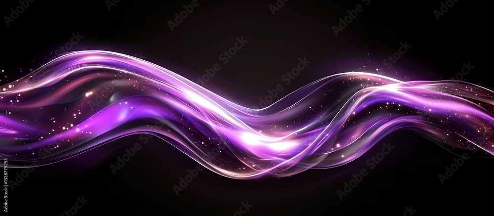 Poster glowing purple and white energy waves flow with sparkling particles against dark background, creatin
