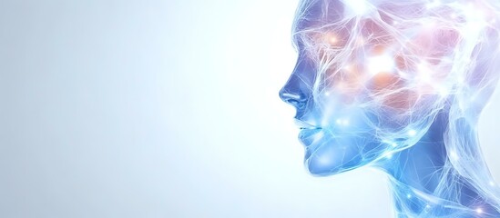 Glowing translucent female profile with neural network patterns in blue and pink tones against light background, representing artificial intelligence and technology.