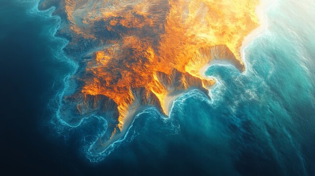 Advanced satellite technology captures a coastal area illuminated by sunlight, showcasing landforms and ocean interaction in real-time for telemetry analysis and surveillance.