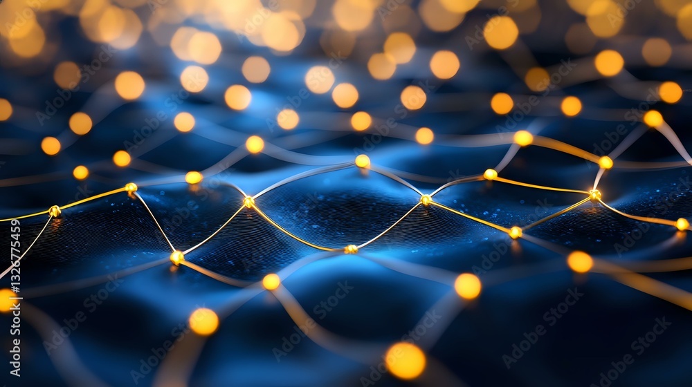Poster glowing network mesh with golden light connections on dark blue background, abstract technology conc