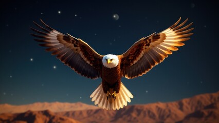 Obraz premium A majestic space eagle soars over a desert landscape with a starry night sky in the background.