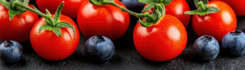 Fresh red tomatoes and blueberries arranged on a dark surface, showcasing vibrant colors and textures.
