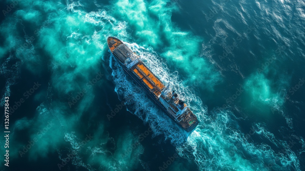 Poster A large cargo vessel moves through the ocean, producing significant wake patterns while transmitting telemetry data for monitoring and analysis. The vessel is part of a surveillance operation.