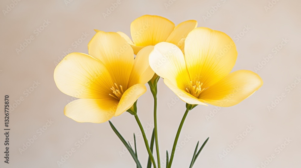 Poster close up of three pale yellow flowers with delicate petals against a light beige background. the ima