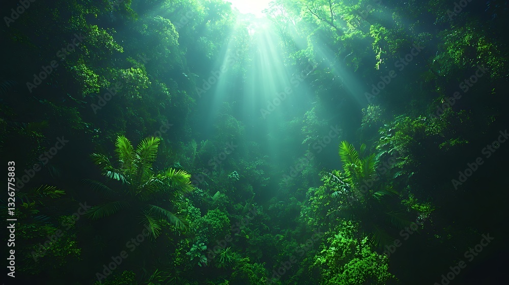 Poster vibrant rainforest with towering trees and glowing mist creating ethereal atmosphere