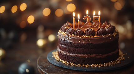  luxurious chocolate cake with number 25 candles burning brightly, golden sprinkles, festive setting