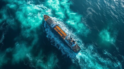 A large cargo vessel moves through the ocean, producing significant wake patterns while transmitting telemetry data for monitoring and analysis. The vessel is part of a surveillance operation.