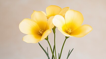 Fototapeta premium Close up of three pale yellow flowers with delicate petals against a light beige background. The image features soft lighting and a shallow depth of field.