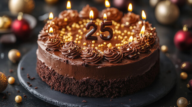  luxurious chocolate cake with number 25 candles burning brightly, golden sprinkles, festive setting