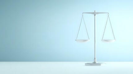 Minimalist white balance scale on light blue background with copy space, symbolizing justice, decision making and equilibrium in legal concepts.