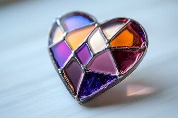 Stained glass heart ornament with purple, orange and pink geometric segments creates romantic mosaic pattern on light background with soft shadows.
